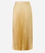 Falda midi plisada color dorado, de crepé satinado, con cierre lateral.