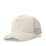 Gorra tipo trucker de pana color beige, con panel frontal estructurado y parte trasera de malla. Presenta un logo bordado en relieve en el frente.