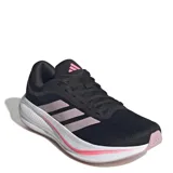 Championes de running Adidas Response Runner 2 para mujer, color negro con las clásicas tres tiras laterales en tono rosado, suela blanca con detalles en fucsia y logo en la lengüeta.