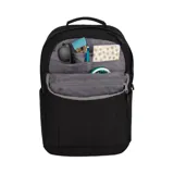 Mochila Jansport Landings Pack color negro, con logo de la marca bordado en blanco. Cuenta con dos compartimentos principales con cierre, bolsillo frontal con organizador interno, asa superior acolchada y correas de hombro ajustables y acolchadas.