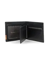 Billetera plegable de cuero color marrón oscuro, con detalle de parche en cuero color suela en la esquina inferior derecha que incluye el logo de la marca grabado.