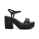 Sandalias de plataforma color negro, con pulsera al tobillo y detalle de trenzado con strass en la tira delantera.