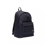 Mochila negra Lacoste con compartimento principal con cierre, bolsillo frontal con cierre y logo de la marca bordado en verde.