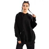 Canguro negro unisex con capucha, de corte oversize y efecto stone wash. Presenta un logo bordado en el pecho y un bolsillo tipo canguro.