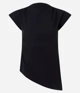 Blusa negra de crepé con cuello alto, mangas cortas con hombreras y bajo asimétrico con bico lateral.