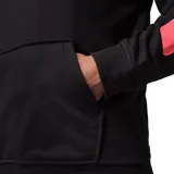 Canguro con capucha Nike Jordan, confeccionado en tejido técnico negro con detalles en color rojo vibrante. Presenta el logo Jumpman en el centro del pecho y franjas laterales en las mangas. Incluye bolsillo frontal tipo canguro y cordones ajustables en la capucha.