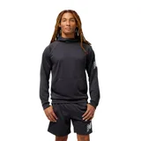 Buzo deportivo New Balance Tenacity Hoodie, color negro, con capucha y bolsillo tipo canguro. Logo de la marca estampado en la manga.