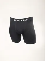 Boxer largo gris de microfibra sin costuras, con elástico en la cintura y logo Prili en blanco.