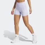 Calzas cortas de running ajustadas, color lila claro, con tiro alto, cintura elástica con cordón ajustable y bolsillos laterales.