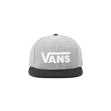 Gorra Vans modelo Drop, color gris con logo blanco bordado en el frente y visera plana negra.
