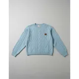 Buzo de punto color azul marino, con cuello redondo y diseño trenzado, de manga larga y calce cómodo.