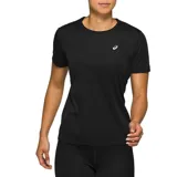 Remera deportiva Asics negra de manga corta, con logo estampado en el pecho y leyenda "Asics Running" en japonés en la espalda.