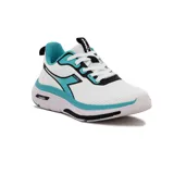 Championes deportivos Diadora modelo Moon, color blanco con detalles en turquesa y negro. Presentan una capellada de malla transpirable y una suela gruesa con capas en blanco, turquesa y negro.