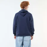 Buzo azul marino con capucha y cordones ajustables. Estampado frontal con el texto "San Marcos California State University" en color blanco.