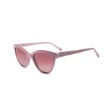 Lentes de sol estilo mariposa con montura gruesa de acetato color rosa pálido. Los cristales son degradados en tonos rosados y marrones. La marca Mistral está grabada en las patillas.
