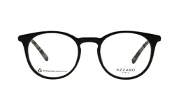 Armazón para lentes de acetato negro, con forma redonda y patillas con estampado carey.