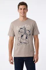 Remera gris topo de manga corta, con cuello redondo y estampado frontal de Goofy acompañado del texto "Goofy".