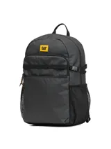 Mochila urbana Cat color gris, con compartimento principal amplio, bolsillo frontal con cierre, correas de compresión laterales, bolsillos laterales de malla y logo de la marca en parche amarillo.