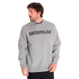 Buzo de cuello redondo color gris melange, con logo de la marca Caterpillar estampado en el pecho en color negro y detalle de triángulo amarillo bordado en la manga izquierda. Presenta puños y bajo de punto elástico.