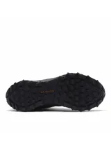 Bota de senderismo de media caña Columbia, color verde oliva con detalles en negro y cordones marrones. Presenta una construcción de malla sin costuras con refuerzos impresos en 3D, membrana impermeable OutDry, entresuela TechLite+ para amortiguación y suela Adapt Trax para tracción en terrenos variados.
