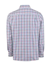 Camisa de manga larga con estampado de cuadros en tonos azul, rojo y blanco. Confeccionada en popelina de algodón orgánico, cuenta con cuello clásico, cierre frontal de botones y un bolsillo en el pecho con el logo de la marca bordado.