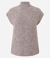 Chaleco de punto gris oscuro con textura jaspeada, diseño sin mangas, corte holgado y cuello alto tipo mock neck.