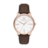 Reloj analógico Emporio Armani con caja de acero en tono oro rosa, esfera blanca con índices minimalistas y ventana de fecha, y correa de cuero marrón.