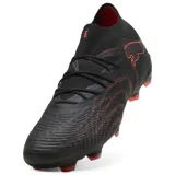 Championes de fútbol Puma Future 9 Ultimate FG, color negro con detalles en rojo/naranja, de corte alto tipo calcetín y suela con tapones para césped firme (FG).
