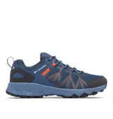 Championes de senderismo Columbia modelo Peakfreak II OutDry, color azul con detalles en naranja y gris oscuro. Presentan una construcción de malla sin costuras con tecnología impermeable OutDry, sistema de ajuste Navic Fit, entresuela TechLite+ para amortiguación y suela Adapt Trax para tracción en diversos terrenos.