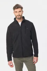 Campera polar térmica de corte recto y cuello alto, con cierre frontal completo en contraste. Presenta bolsillos laterales con cierre y un bolsillo vertical en el pecho, todos con detalles en color azul marino.