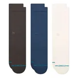 Pack de tres pares de medias Stance modelo Icon de caña media, en colores negro, azul marino y blanco, confeccionadas en algodón premium con amortiguación estratégica y punta sin costuras.