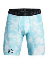 Short de compresión Under Armour línea Curry, con diseño estampado en tonos celestes y blancos. Cuenta con cintura elástica ancha con logo y paneles de malla para mayor ventilación.