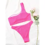 Bikini de dos piezas con textura acanalada, color amarillo. El top es de diseño asimétrico de un solo hombro y la parte inferior es de corte vedetina.