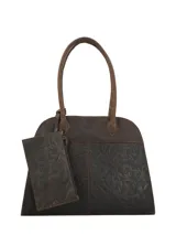 Cartera tipo bowling de cuero 100% natural, color marrón oscuro, con doble asa de hombro y diseño grabado con motivos de hojas.