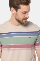 Remera de manga corta con cuello redondo y diseño rayado multicolor en tonos azules, beige, verde y rosado, con pequeño logo bordado en el pecho.
