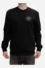 Buzo negro de cuello redondo y manga larga, con pequeño estampado circular en el pecho.