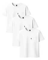 Pack de tres remeras blancas lisas de algodón con bolsillo en el pecho y doble costura.