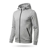 Campera gris melange con capucha y cierre frontal, con bolsillos laterales con cierre y logo bordado en el pecho.