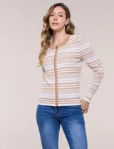 Cardigan de punto acanalado con rayas horizontales en tonos beige y blanco, de corte entallado, manga larga y cierre frontal completo con cremallera.