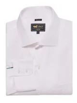 Camisa de manga larga RKF de corte regular, color blanco con sutiles rayas verticales rosadas. Cuenta con cuello italiano, cierre frontal con botones, bolsillo en el pecho con logo bordado y puños ajustables con botones.