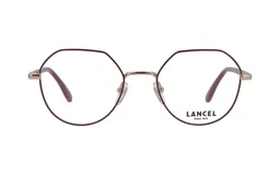 Armazón de anteojos Lancel, de metal color borgoña y dorado, con forma geométrica octogonal.