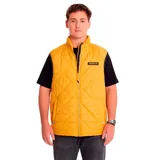 Chaleco acolchado color mostaza con cierre frontal, bolsillos laterales y logo de Caterpillar en el pecho.