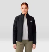 Campera negra de mujer, ligera y transpirable, con tejido elástico antidesgarro Pertex® Quantum Air y aislamiento Primaloft® Gold Active. Cuenta con bolsillo en el pecho con cremallera, dos bolsillos con cremallera para las manos, puños elásticos y diseño compactable.