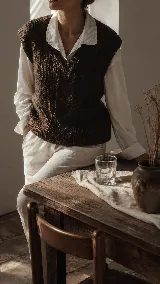 Chaleco de punto grueso en lana merino color marrón chocolate, con diseño de trenza central y escote en V. Presenta una silueta relajada y terminaciones acanaladas.