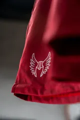 Short deportivo de lycra color bordó con cintura elástica ajustable con cordón. Presenta un logo estampado en la pierna izquierda y bolsillos laterales.