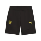 Shorts Puma color negro con detalles en amarillo, con el logo de la marca impreso en una pierna y bolsillos laterales.