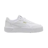 Championes Puma modelo Carina Mia, de diseño urbano con plataforma, color blanco con detalles en dorado en el logo lateral y la lengüeta.