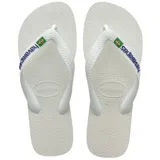 Ojotas Havaianas modelo Brasil Logo, color blanco, con tiras blancas y logo de la marca en relieve azul con la bandera de Brasil.