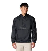 Campera cortaviento tipo canguro Columbia, color negro, con capucha ajustable, cierre frontal de media cremallera, bolsillo central grande con solapa y bolsillo adicional en la manga. Cuenta con tecnología Omni-Shield que repele la humedad, puños y dobladillo elásticos.