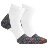 Medias cortas unisex de color blanco, con talón, puntera y planta en tejido melange gris oscuro, y un detalle de línea naranja en la puntera.